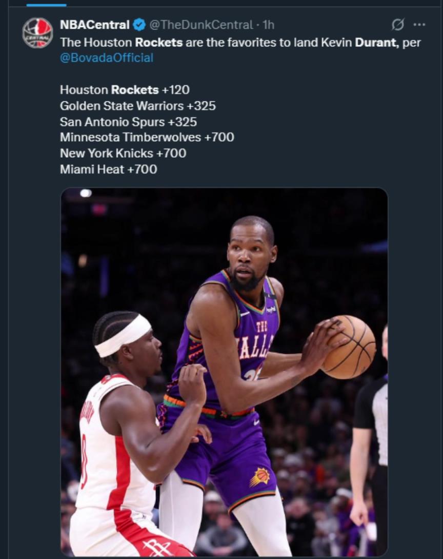 難道說？美媒曬杜蘭特下家賠率，火箭大幅度領跑！
